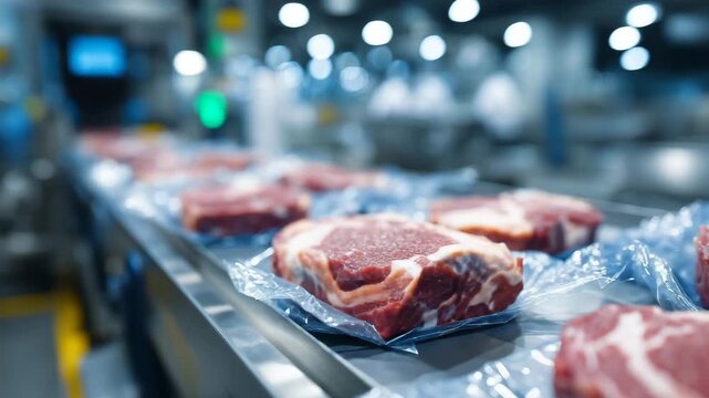 163Industrial food processing plant scene with multiple packaged beef steaks on metal table, shiny packaging reflecting light, professional and sterile atmosphere emphasized