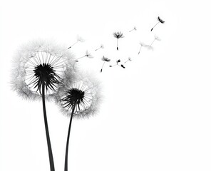 Two dandelion seed heads in monochrome, floating seeds