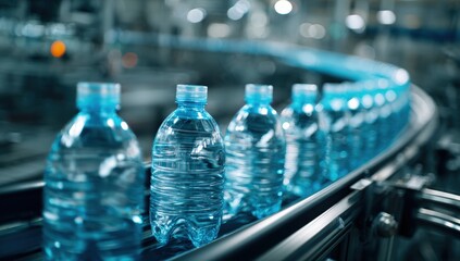 Plastic water bottles on a conveyor belt in a modern bottling plant