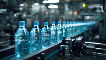 Clear plastic water bottles moving on a production line