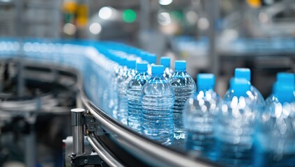 Plastic water bottles on a conveyor belt in a bottling factory