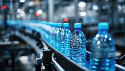 Clear plastic water bottles on a production line