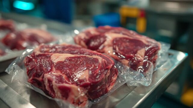 166Medium shot of beef steaks in plastic packaging on stainless steel table, fluorescent lights casting soft reflections, clean industrial food production setting