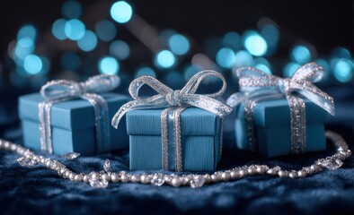 Small teal gift boxes, glittering ribbons, and pearls on velvet