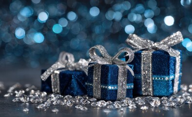 Elegant blue gift boxes with silver ribbons, surrounded by glittering diamonds, against a bokeh background