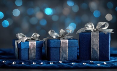 Three navy blue gift boxes with silver ribbons on a dark blue velvet surface against a blurred background of blue and white bokeh lights