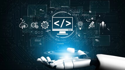 Modern web development concept featuring coding symbols, web development process, web development interface, and web development tools with futuristic design. Muxer