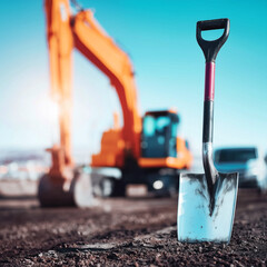 New construction site in Romania with shovel in soil and excavator in background
