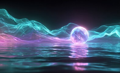 Abstract glowing sphere on a reflective surface with swirling lines