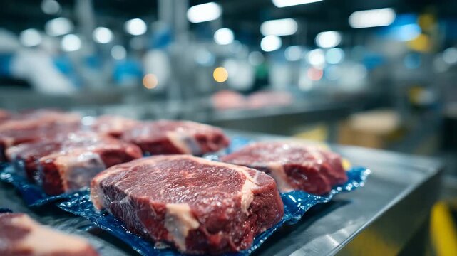 173Packaged beef steaks ready for distribution, arranged in rows on metal table, bright overhead lights reflecting off packaging, clean food processing facility in background