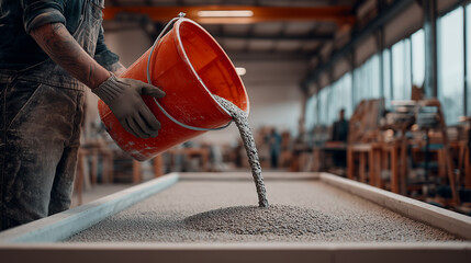 Worker pouring self-compacting concrete from bucket into white formwork in industrial workshop