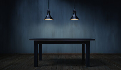 Dark empty room with black table and hanging lights creating mysterious atmosphere