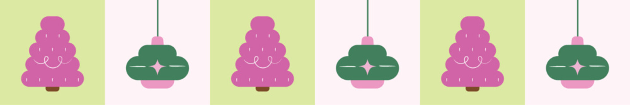 Pink Green Christmas Border Vector Illustration with Bauble and Christmas Tree