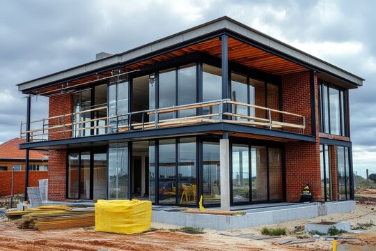 A high-resolution photo of an Australian home under construction, showcasing the steel frame structure and glass windows of its two-level design. The building is made from brick with wooden beams