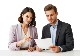 Consultation meeting where an advisor reviews a contract document with a client, pointing with a pen toward the signature area on a desk for approval, agreement processing and paperwork review