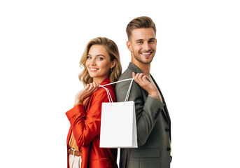 Retail shopping bag carried by a couple after checkout for consumer spending stories, sales event announcements and store pickup notices in ecommerce apps, loyalty offers and advertising layouts