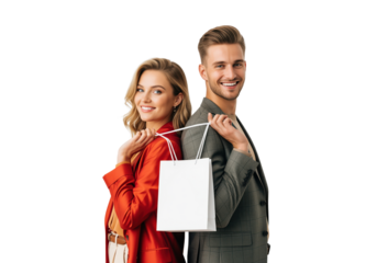 Retail shopping bag carried by a couple after checkout for consumer spending stories, sales event announcements and store pickup notices in ecommerce apps, loyalty offers and advertising layouts