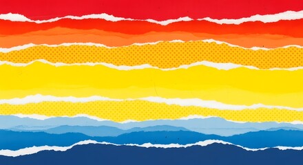 Colorful Ripped Paper Texture Torn Edge Collage Layer Red Blue Yellow Grunge Craft Scrapbook Surface Background Artistic Design Element
