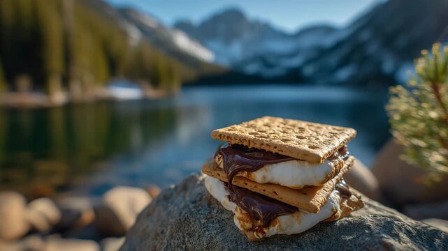 Artistic close-up of stacked s&rsquo;mores on rocky shoreline, background of calm lake and evergreen forest, warm sun rays emphasizing melted chocolate and toasted marshmallow textures