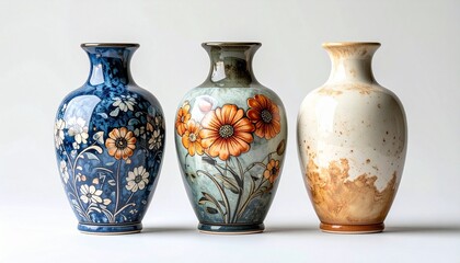 Floral Ceramic Vases &ndash; Intricate Hand-Painted Designs in Blue, White, and Multicolor Against Dark Background