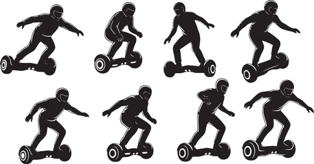 Electric scooter riders silhouettes vector set. hoverboard riders on transparent background