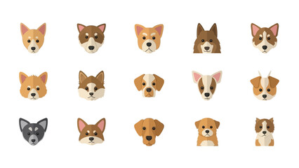 Fototapeta premium Collection of various cute dog breed cartoon faces isolated on a white background for design assets