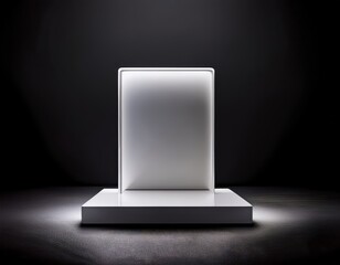 A 3d blank white box and empty billboard board stand on a black background for business advertising and marketing display design