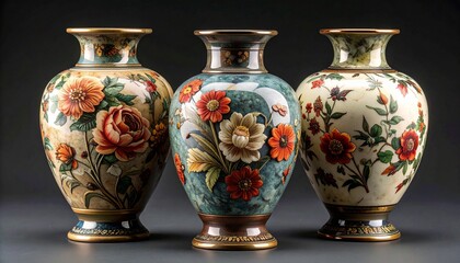 Floral Ceramic Vases &ndash; Intricate Hand-Painted Designs in Blue, White, and Multicolor Against Dark Background