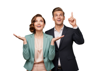 Pointing business presenters looking upward with open hands, colleagues directing attention to copy space for announcement text, offer details and service messaging on isolated background