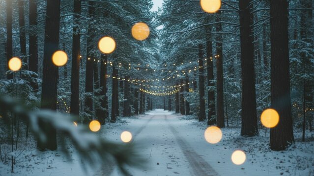 Enchanting snowy forest road lined with tall trees and strands of warm glowing fairy lights overhead, soft bokeh orbs in foreground creating a dreamy magical winter walkway at dusk

 - Powered by Adobe