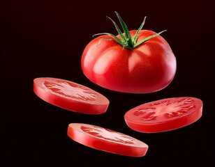 Fresh ripe organic tomatoes and a juicy red slice on a black background represent healthy raw ingredients for a vegetarian diet salad