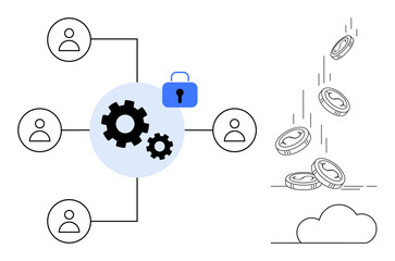 Fototapeta premium Data security, financial management, online services, digital networking, innovation, business solutions. Network diagram with gears and padlock coins falling into a cloud. Data security