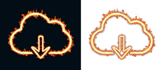 Cloud download icon with flame outline showing data retrieval from online storage, app button for file transfer backup restore and sync access in web interface menus and toolbar panels