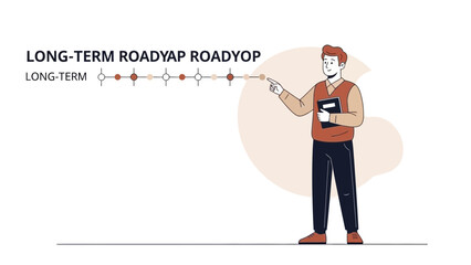 Illustration of a young professional man presenting a long-term project timeline with a roadmap