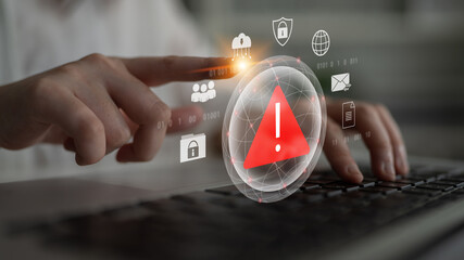 Red warning triangle representing a cybersecurity threat or data breach alert, surrounded by digital security and network protection icons, symbolizing cyber risk awareness Parse