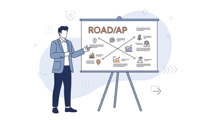 businessman presenting marketing strategy and road map on whiteboard in office setting