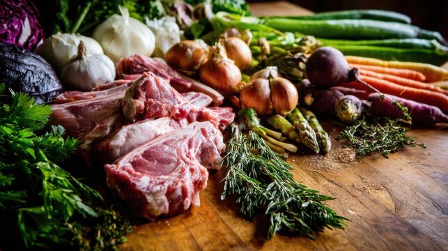 Medium shot featuring pastureraised pork chops and ribs laid out with fresh herbs and vegetables on a wooden counter highlighting farmtotable authenticity
