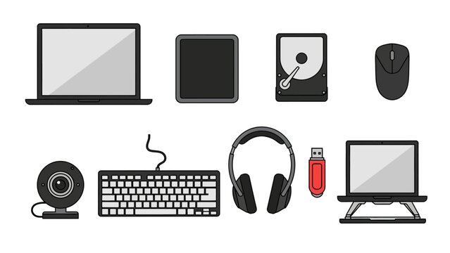 Vector Illustration of Computer Hardware and Peripherals for Digital Setup Concept
