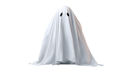 A cute cartoon ghost with a surprised expression, made from a white sheet, standing on a plain white background