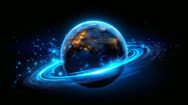 Digital globe with glowing blue ring orbiting it on black background, planetary network visualization, Earth with data halo, global connectivity, technology and communication spher