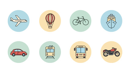 Fototapeta premium Illustrations of different types of transport, including airplane, bicycle, ship and more