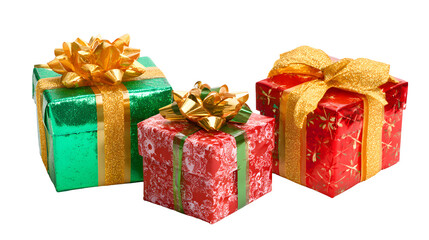 A collection of colorful wrapped gifts with bows, featuring red, green, and gold designs, arranged in a festive manner