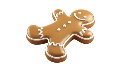 A cute gingerbread man figurine with a smiling face, wearing a red bow tie and white buttons, set against a white background