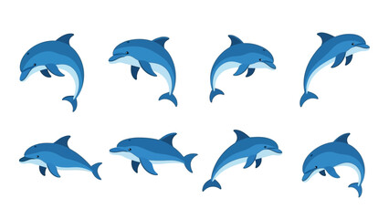 Obraz premium Vector illustration featuring a group of playful blue dolphins isolated on white background