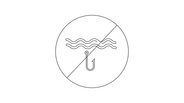 A circle with a line through it containing an image of waves and a fish hook indicating a prohibition