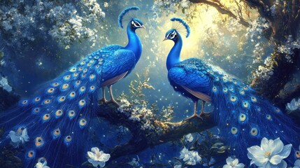 Two peacocks in spring blossom trees