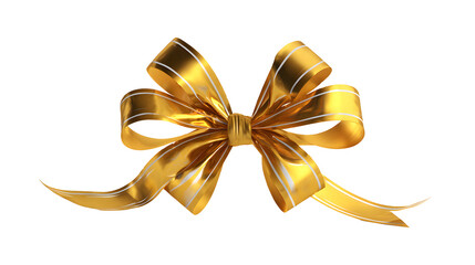 A shiny gold ribbon bow with elegant loops and tails, perfect for gift wrapping or decoration
