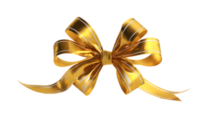 A shiny gold ribbon bow with elegant loops and tails, perfect for gift wrapping or decoration
