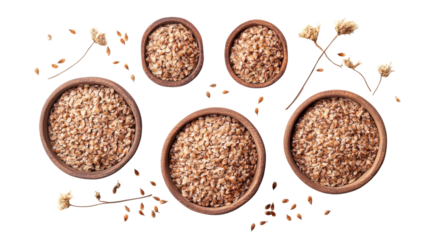 Various bowls filled with grains, surrounded by scattered seeds and dried flowers, on a black background