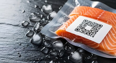 Fresh salmon in a vacuum-sealed package with a QR code label, presented on ice for a modern seafood traceability concept